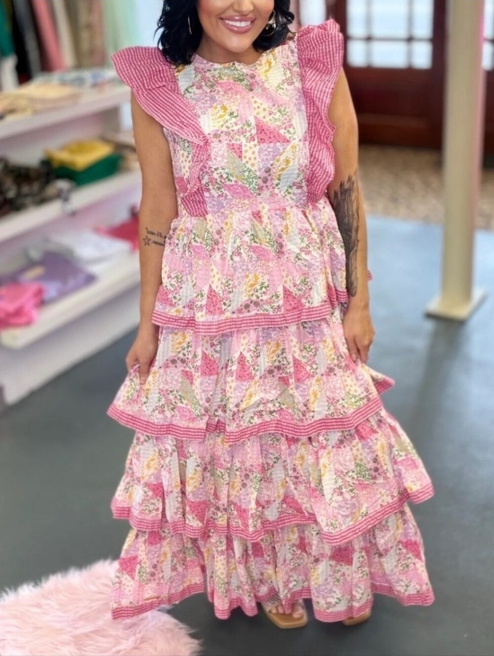 NEW!! Simply Southern Tiered Lined Pink Floral Dress, Sz Large, NWT